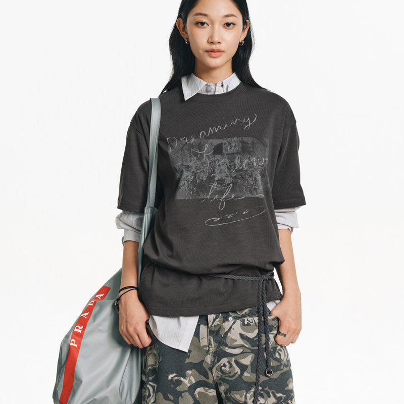 Two-Tone White Ink Print Crew Neck T-Shirt – Cool Feel Short Sleeve Japanese Streetwear for Men – Japanese vintage | yamalin clothes | Yamalinclothes