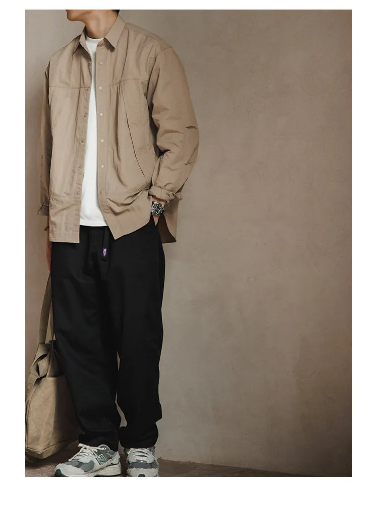 Japanese Workwear Pleated Layered Long-Sleeve Shirt Jacket – Cleanfit Silhouette Men’s Spring Autumn – Japanese vintage | yamalin clothes | Yamalinclothes