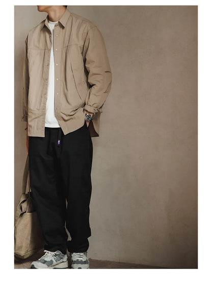 Japanese Workwear Pleated Layered Long-Sleeve Shirt Jacket – Cleanfit Silhouette Men’s Spring Autumn – Japanese vintage | yamalin clothes | Yamalinclothes