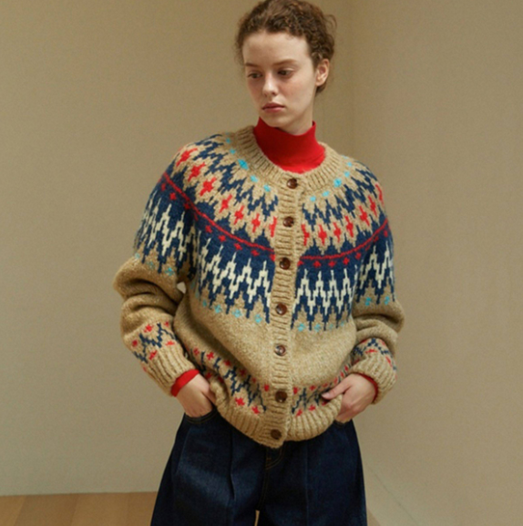 LINHOUSE French Retro Fair Isle Cardigan - Thick Wool Blend Sweater (Women)