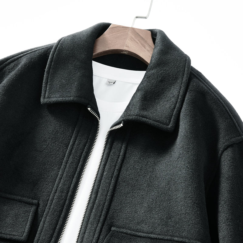 Korean Minimalist Workwear Jacket – Thickened 53% Sheep Wool, Turn-Down Collar for Autumn/Winter