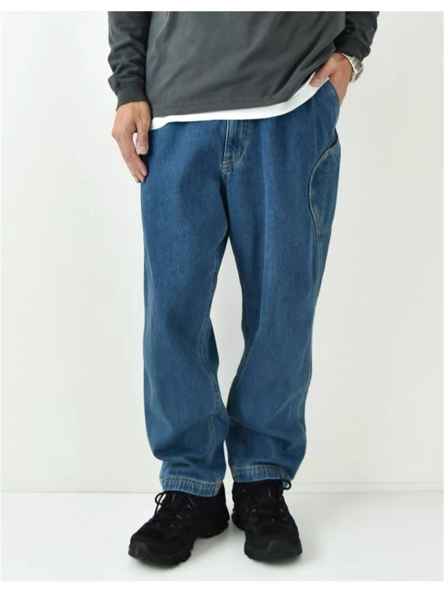 Japanese Washed Distressed Cropped Jeans – Elastic Waist Relaxed Fit Streetwear