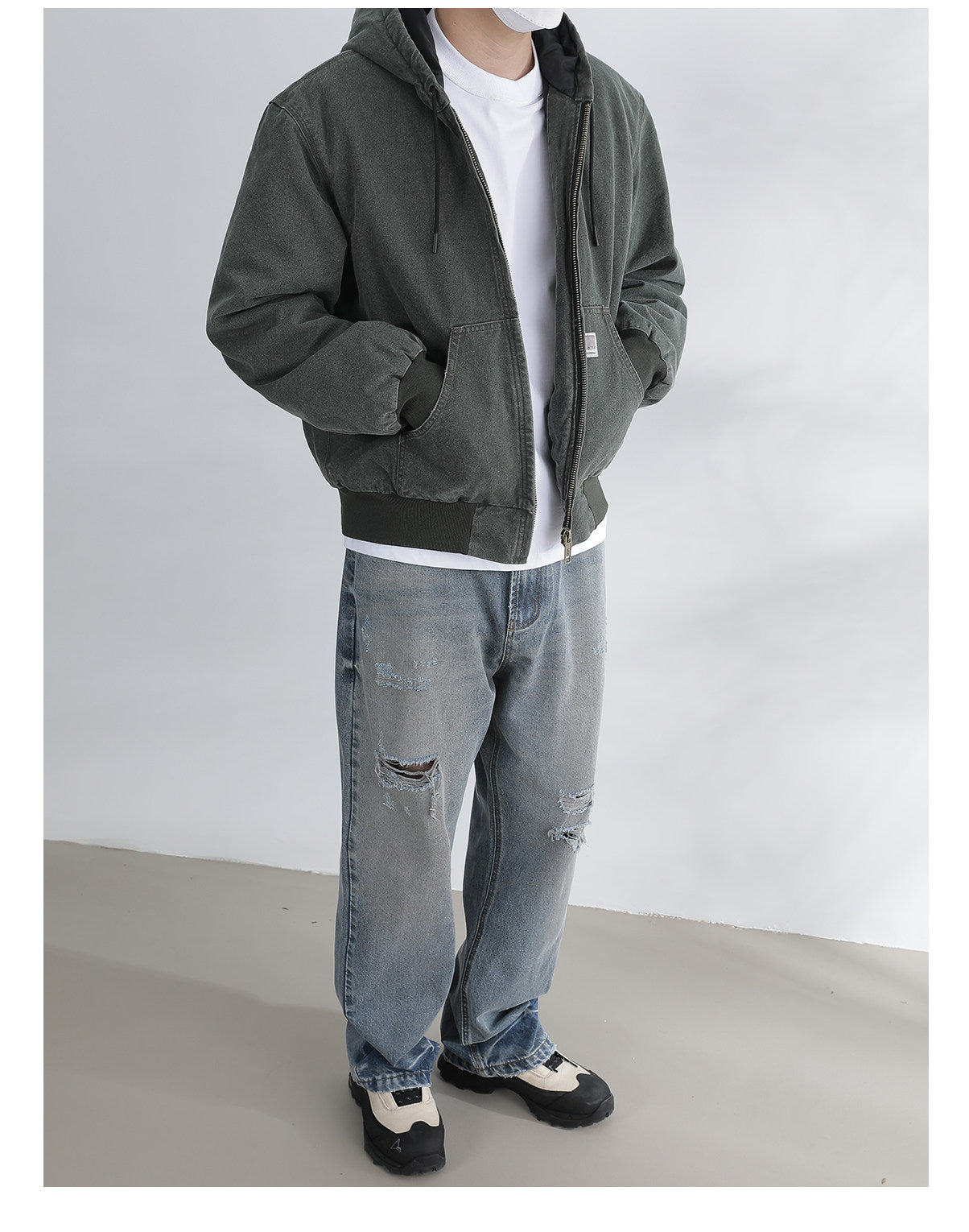 Vintage Wash Distressed Cargo Hoodie Jacket – Thermal Insulated Men's Coat