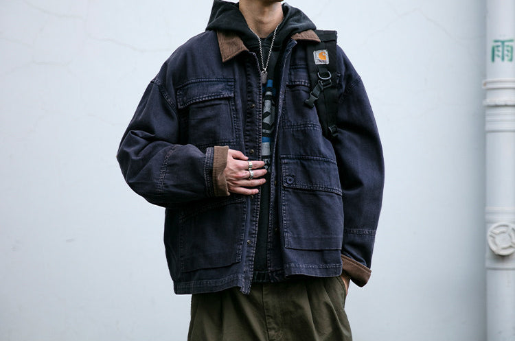 Cotton Cargo Jacket – Corduroy Collar & Four Pockets | Yamalin clothes | Vintage workwear outfit for men