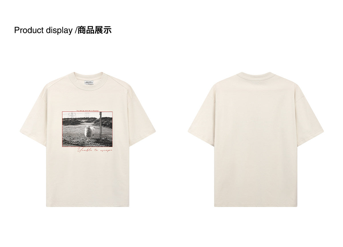 White ink direct printing cool-feel sun protection loose round neck short-sleeved shirt | Japanese vintage | yamalin clothes | Yamalinclothes
