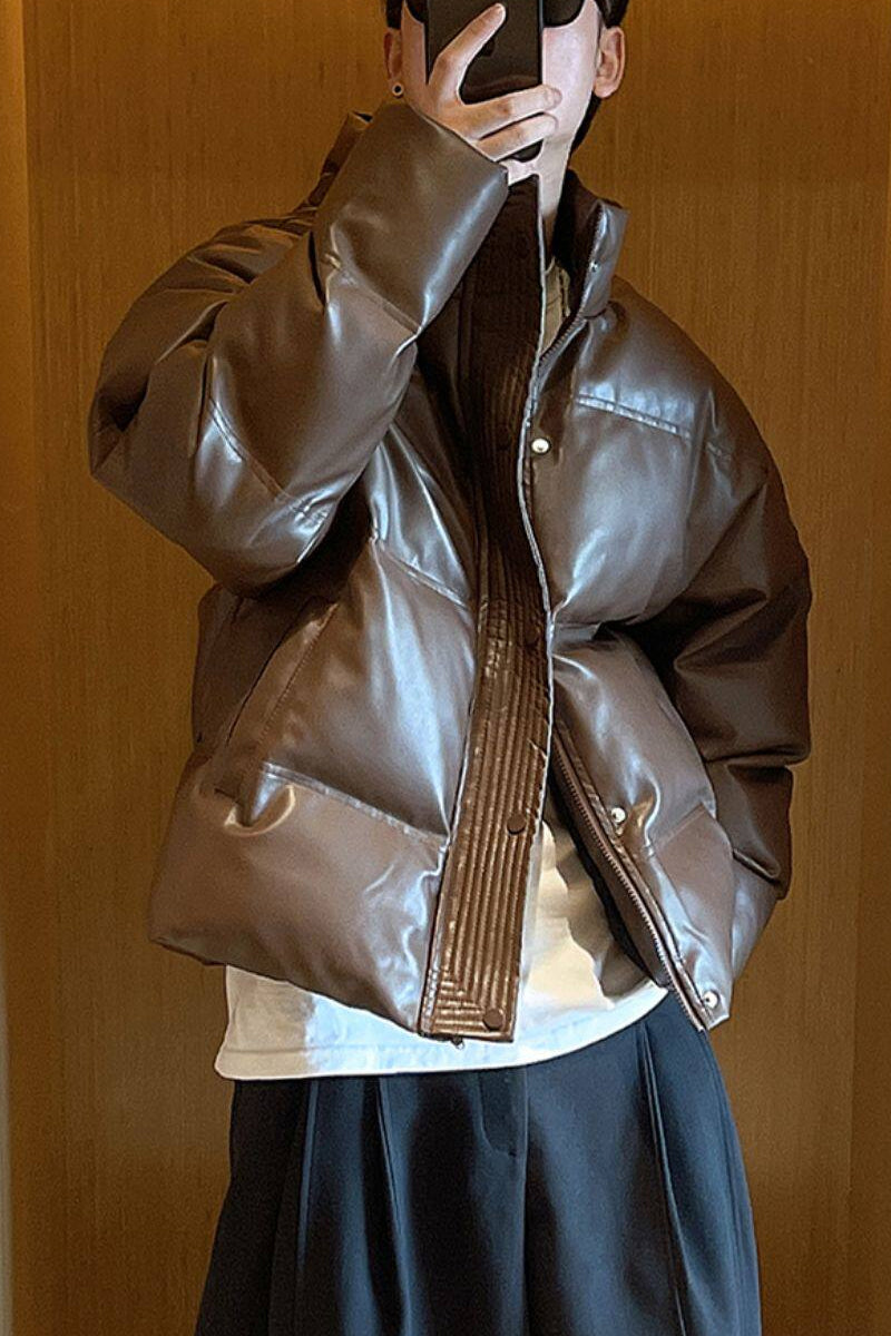 Faux Leather Down Jacket – Short Fit & Stand Collar | Yamalinclothes