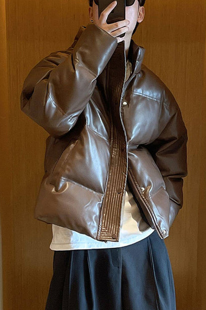 Faux Leather Down Jacket – Short Fit & Stand Collar | Yamalinclothes