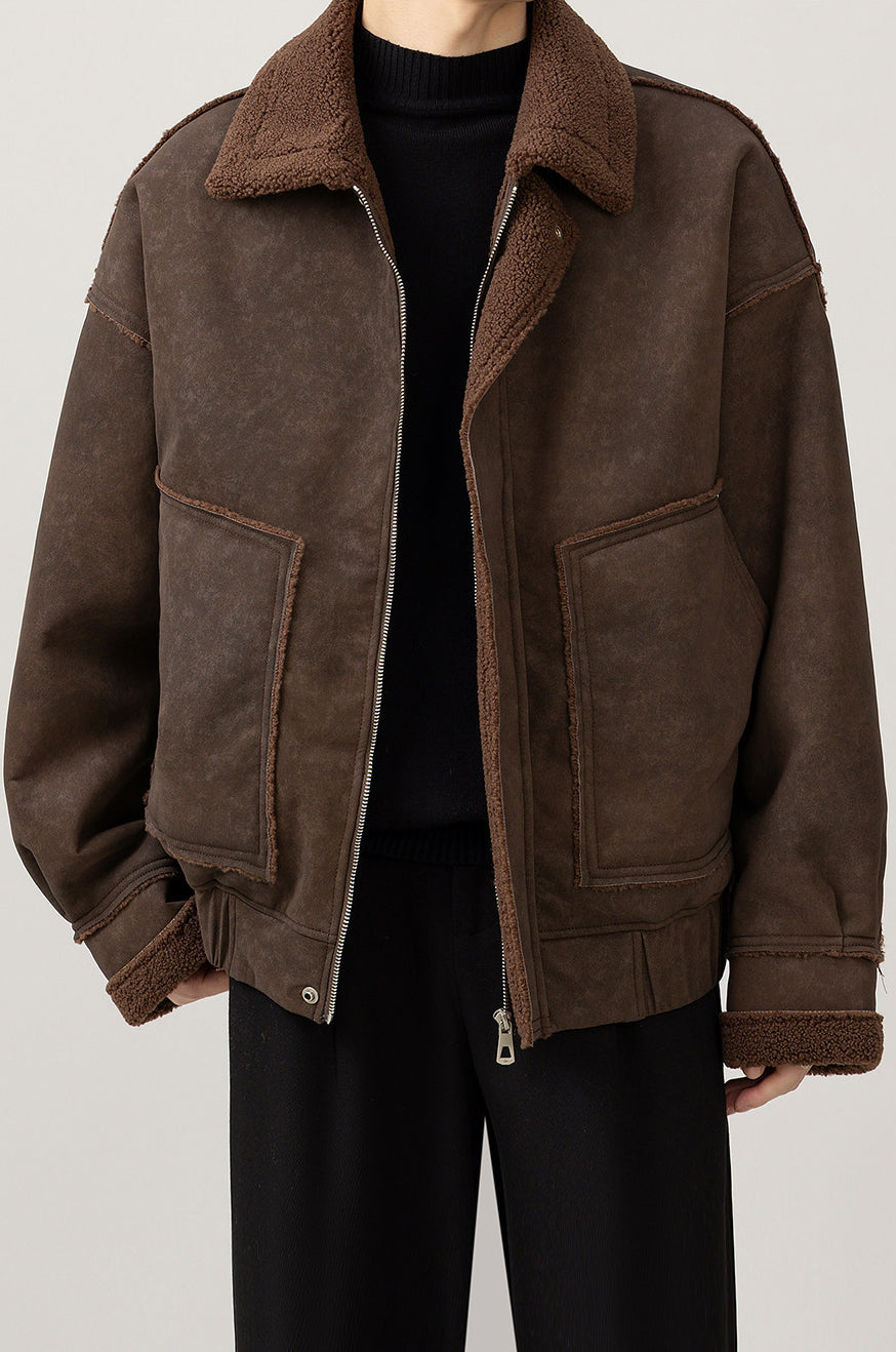 Fleece-Collar Jacket – Riveted Pockets & Boxy Fit