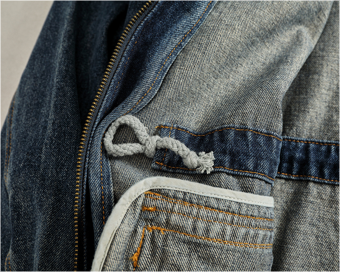 Heavyweight Washed Denim Jacket – Vintage Workwear Multi-Pocket Drawstring Coat