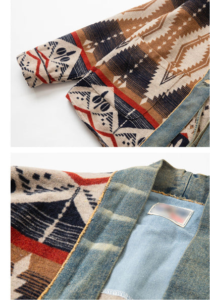 Men's Luckysartorius Japanese Retro Denim-Stitched Woolen Jacket - National Wind Robe Style Coat