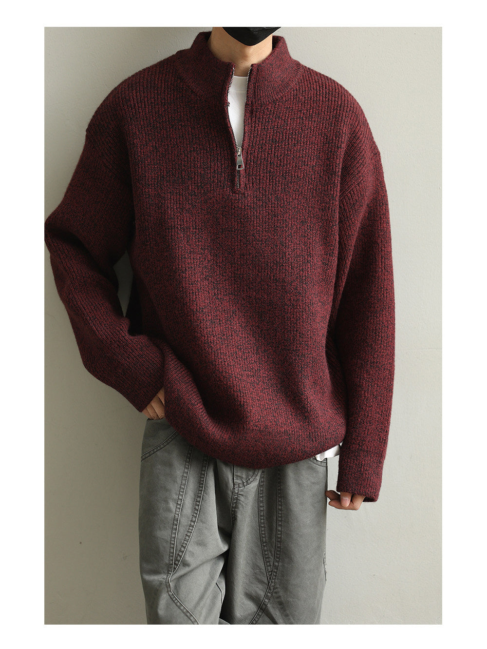 Stand Collar Half-Zip Pullover Sweater – Japanese Loose Unisex – Sweater pullover | japanese streetwear | vintage workwear | unisex | Yamalinclothes