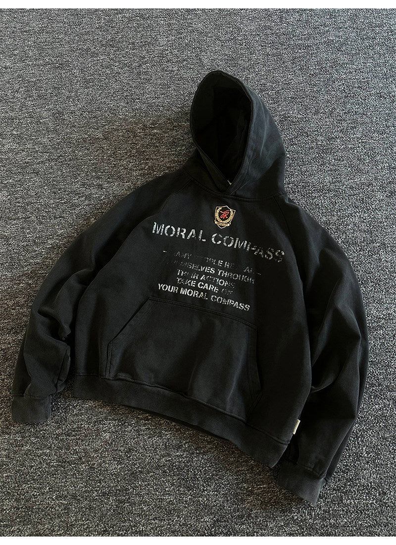 Heavyweight Washed Letter Print Hoodie – Vintage Loose Unisex