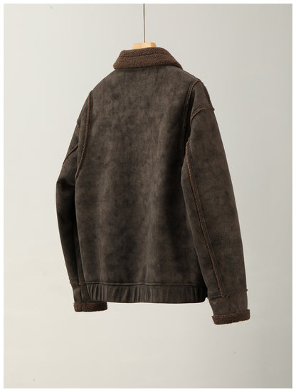 Faux Leather Jacket – Aged Finish & Fleece Collar