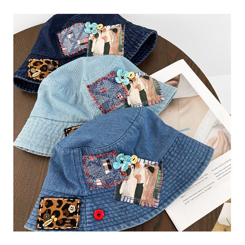 Denim Abstract Appliqué Fisherman Hat – Wide Brim Sun Protection Streetwear – Japanese vintage | yamalin clothes | Yamalinclothes