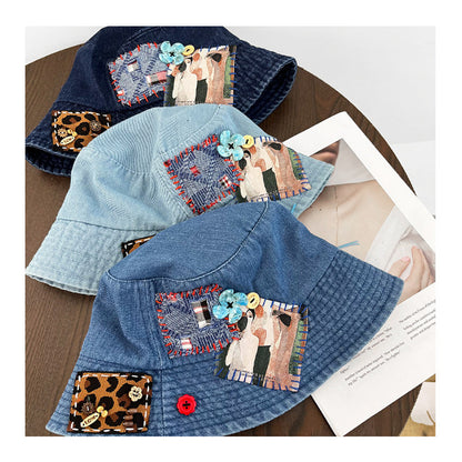 Denim Abstract Appliqué Fisherman Hat – Wide Brim Sun Protection Streetwear – Japanese vintage | yamalin clothes | Yamalinclothes