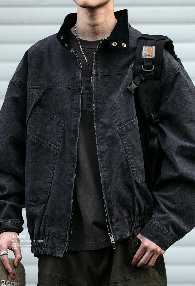 Japanese Retro Deconstructed Stand Collar Hunting Cargo Jacket – Loose Drop Shoulder for Men | Japanese vintage | yamalin clothes | Yamalinclothes