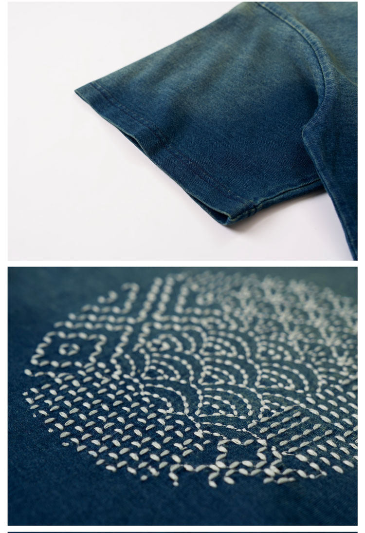 Cotton T-Shirt – Gradient Wash & Sashiko Embroidery | Yamalinclothes