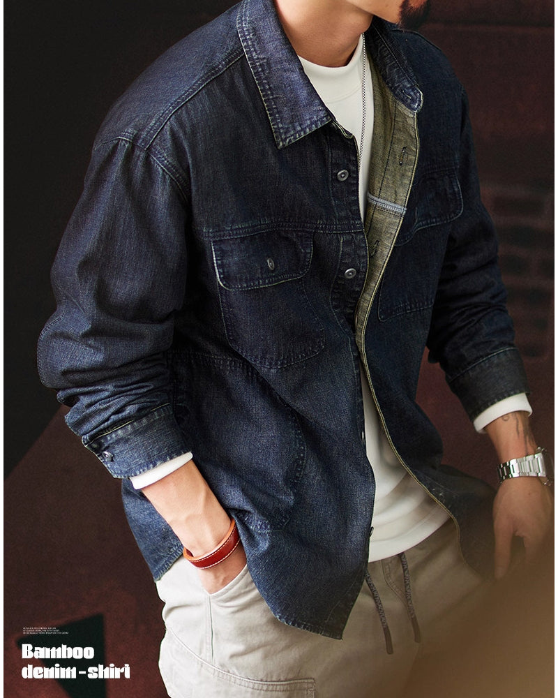 American Workwear Long Sleeve Denim Shirt Jacket - Loose Casual Vintage Denim Overshirt for Men