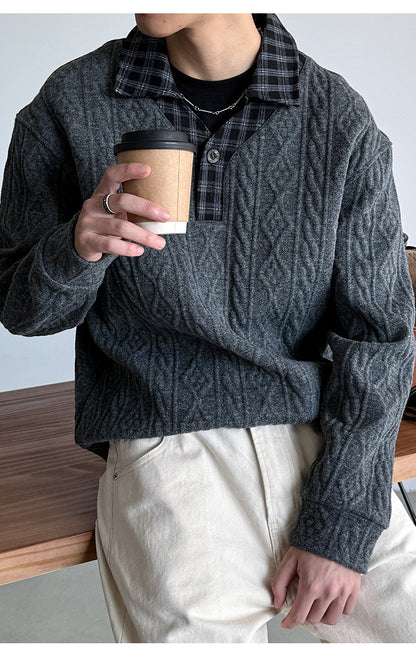 Wool Blend Patchwork Twisted Polo Collar Knit Jacket – Japanese Vintage Unisex – Sweater pullover | japanese streetwear | vintage workwear | unisex | Yamalinclothes