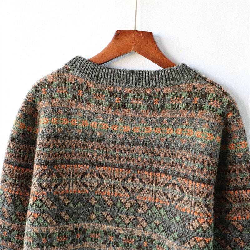 100% Wool Jacquard Stripe Crew Neck Sweater – Men's Thick Knit Pullover