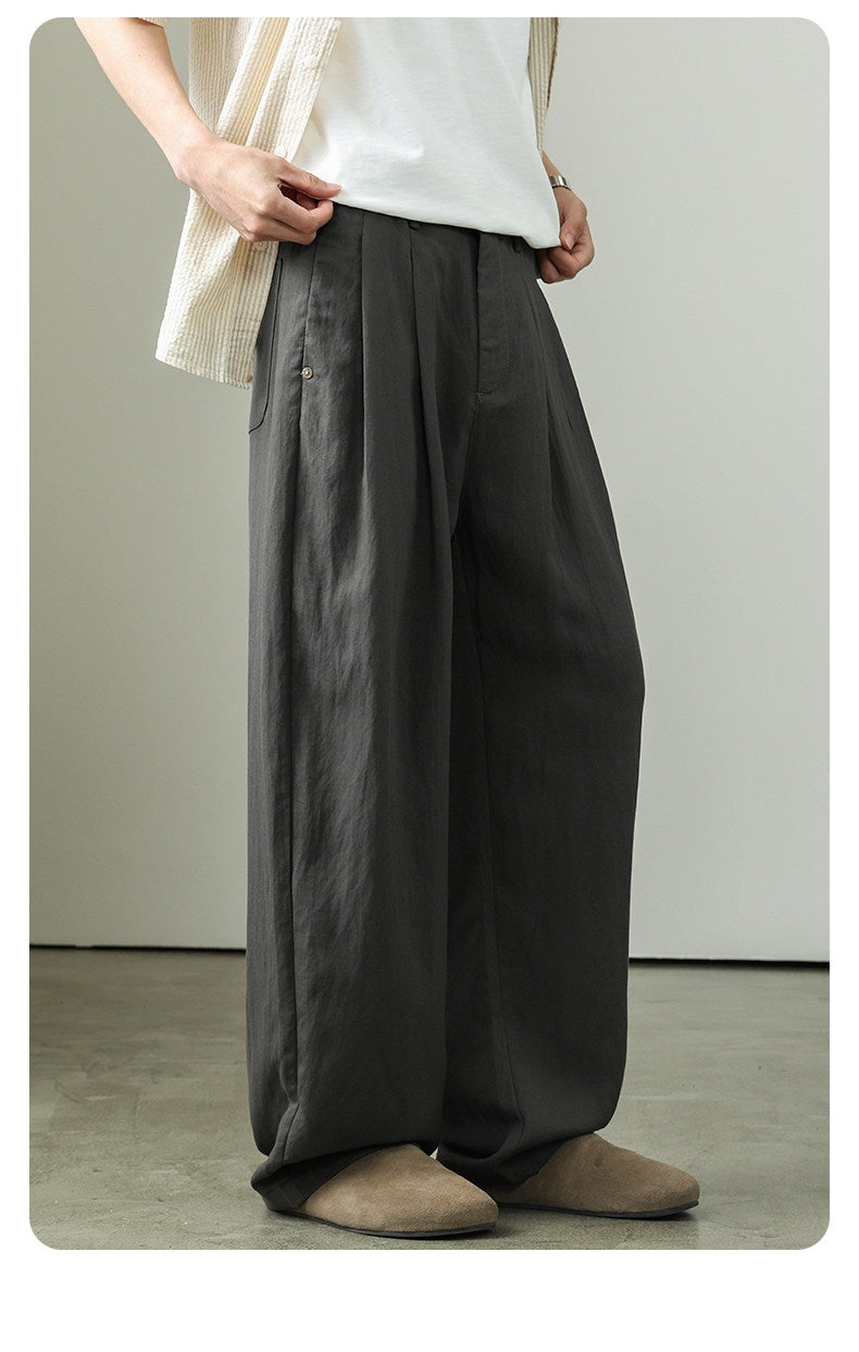 Draped Lyocell Wide Leg Pants – Loose Straight Tencel Linen Summer Ice Silk Slacks for Men – Japanese vintage | yamalin clothes | Yamalinclothes