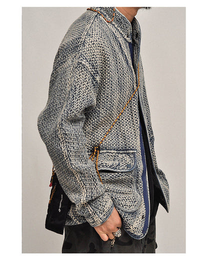 Textured Denim Jacket – Stand Collar & Bound Pockets