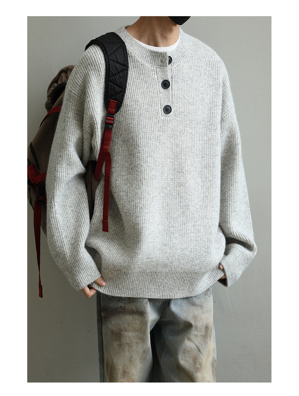Retro Henley Knit Sweater – Lazy Style Crew Neck Men – Japanese vintage | yamalin clothes | Yamalinclothes