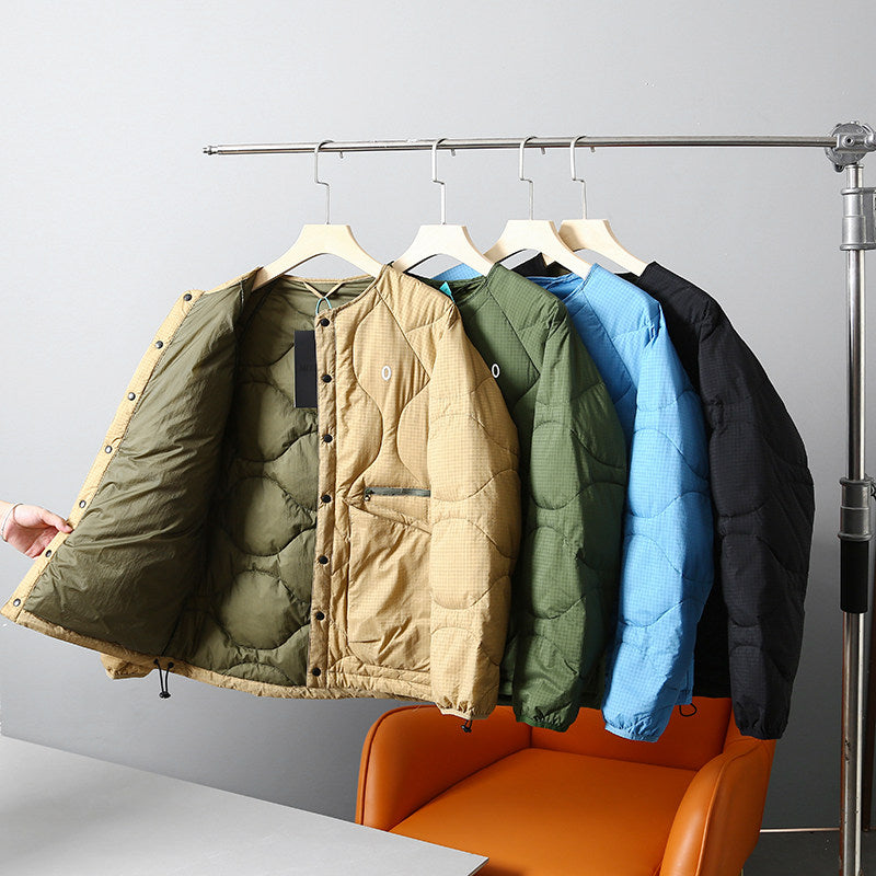Collarless Down Jacket – Wave Quilting & Snap Front