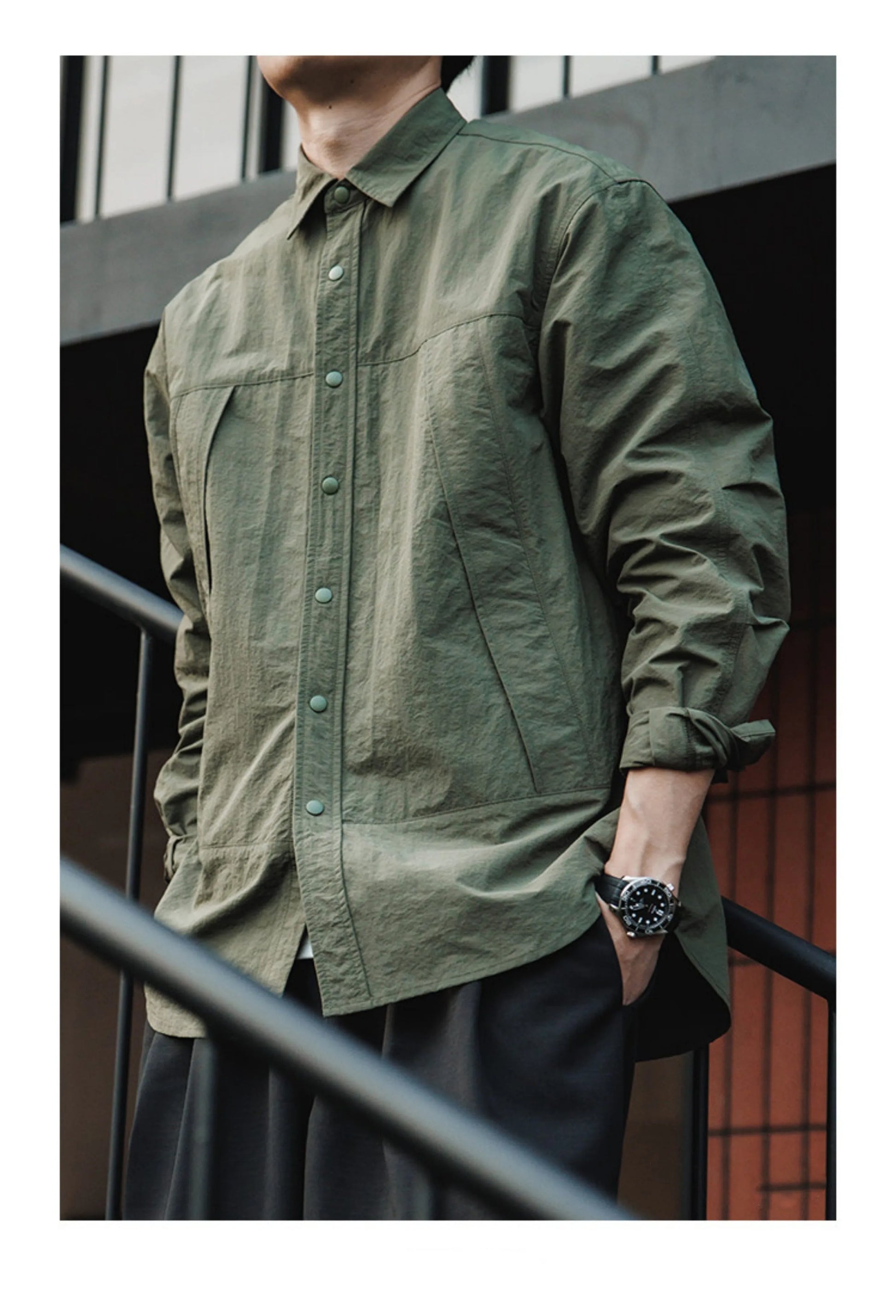 Japanese Workwear Pleated Layered Long-Sleeve Shirt Jacket – Cleanfit Silhouette Men’s Spring Autumn – Japanese vintage | yamalin clothes | Yamalinclothes