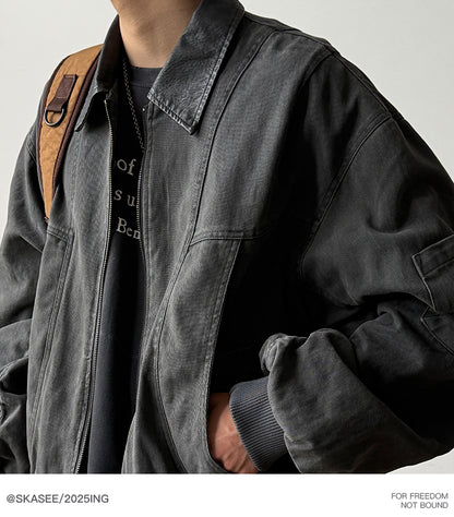 Vintage Washed Leather-Collar Cargo Jacket - Loose Barn Coat (Unisex)