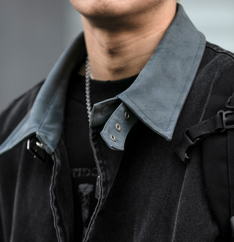 Washed Patchwork Lapel Cargo Jacket – American Retro Oversized Unisex
