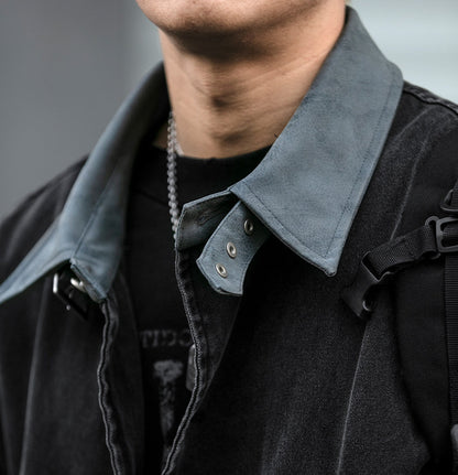 Washed Patchwork Lapel Cargo Jacket – American Retro Oversized Unisex