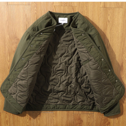 Collarless V-Neck Snap Padded Jacket – Japanese Retro Dark Grid Waterproof Unisex
