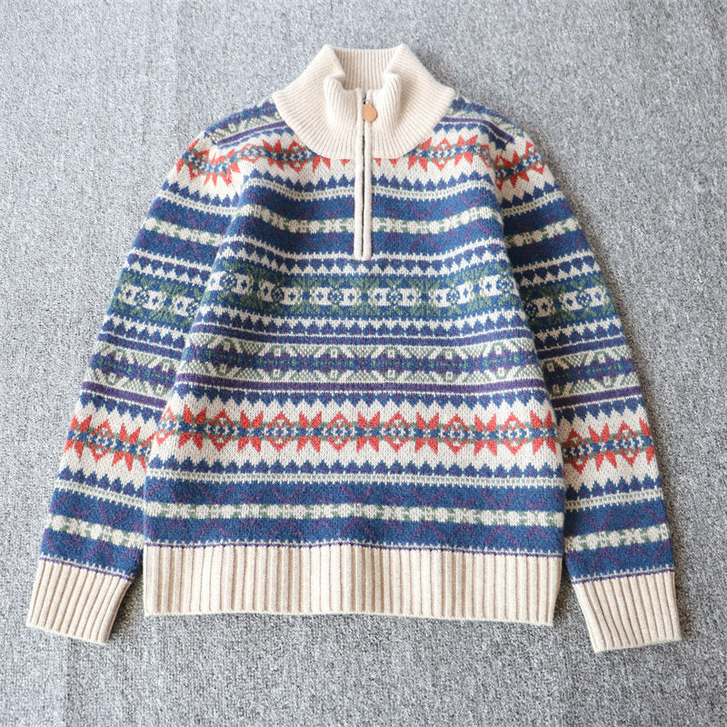 100% Wool Half-Zip Jacquard Stripe Sweater – Men's Ethnic Knit Pullover Khaki