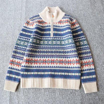 100% Wool Half-Zip Jacquard Stripe Sweater – Men's Ethnic Knit Pullover Khaki