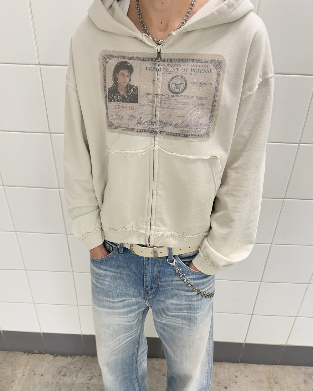 EssorNovus Michael Jackson passport print raw edge old zip hoodie sweatshirt