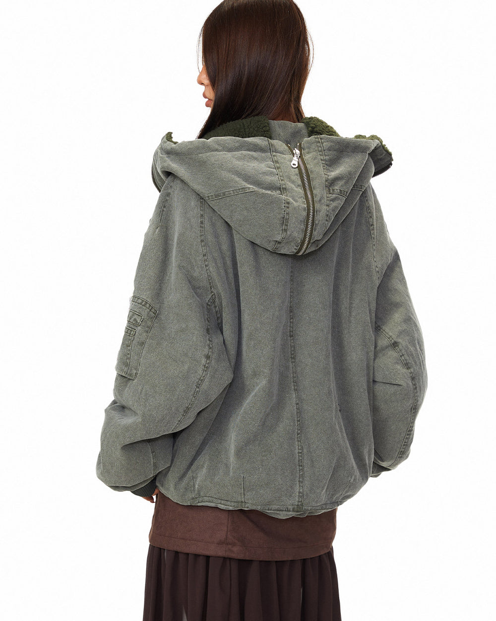 Polar Fleece Hooded Denim Cargo Jacket – Thickened Oversized Unisex