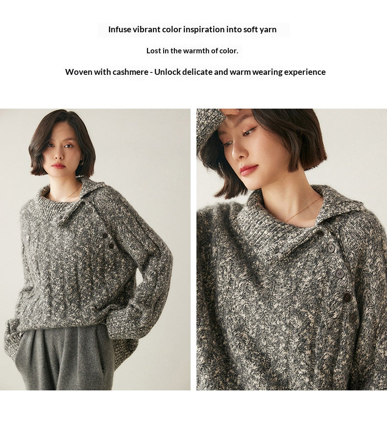 Heavy-duty lazy cashmere sweater, diagonal buttoned floral tulle, thickened twisted high-neck sweater, Korean autumn/winter new women's knitwear | Yamalinclothes