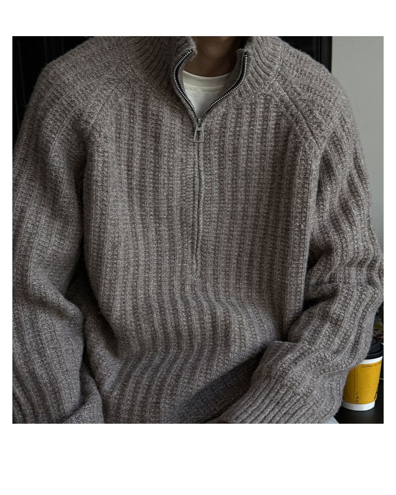 Half-Zip Stand Collar Knit Pullover – Loose Lazy Men – Japanese vintage | yamalin clothes | Yamalinclothes