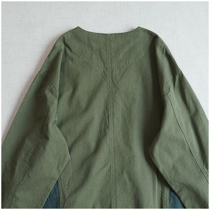 Japanese Color-Blocked V-Neck Jacket - Retro Cotton Pocket Coat (Unisex)