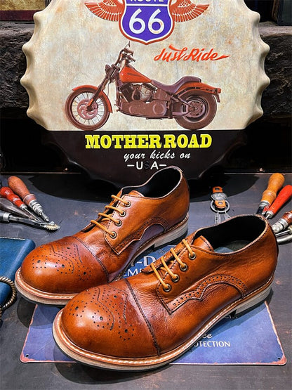 Vintage Brogue Carved Cowhide Leather Shoes – Men's Distressed Brown