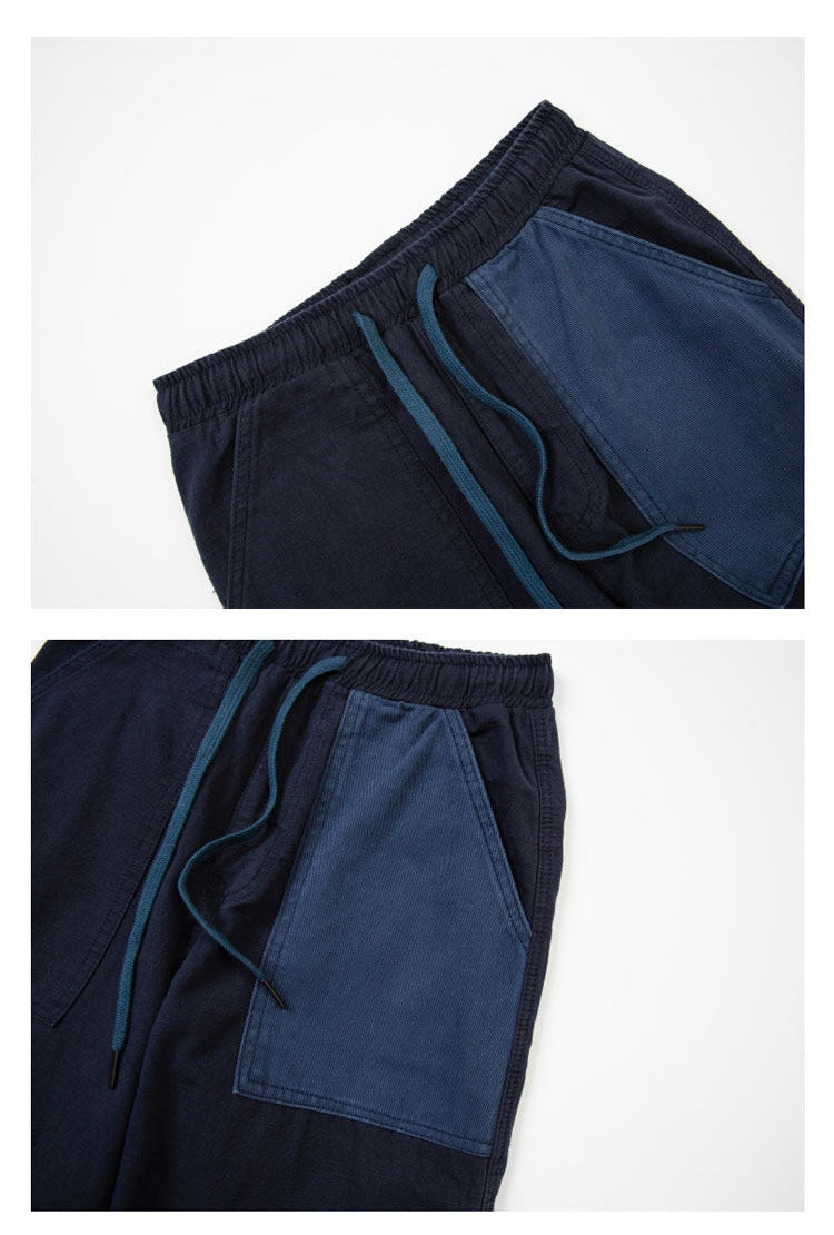 Japanese style men's clothing personality color block stitching elastic waist loose couple men and women slub cotton casual pants trend | Japanese vintage | yamalin clothes | Yamalinclothes
