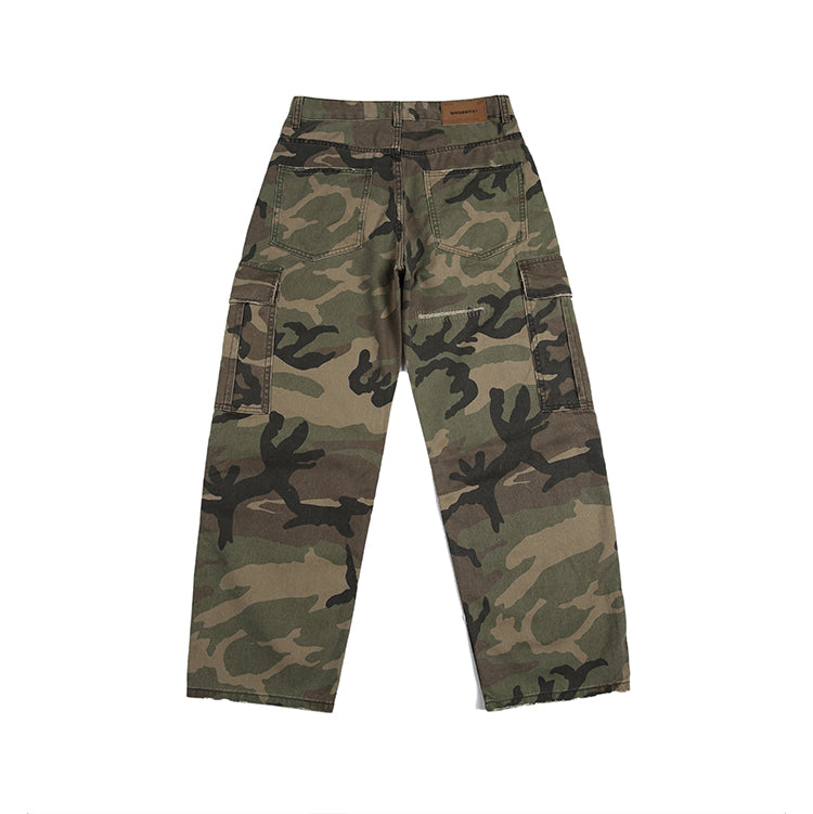 Men's American Street Retro Cargo Pants - Camouflage Heavy Washed Ripped Straight-Leg Pants