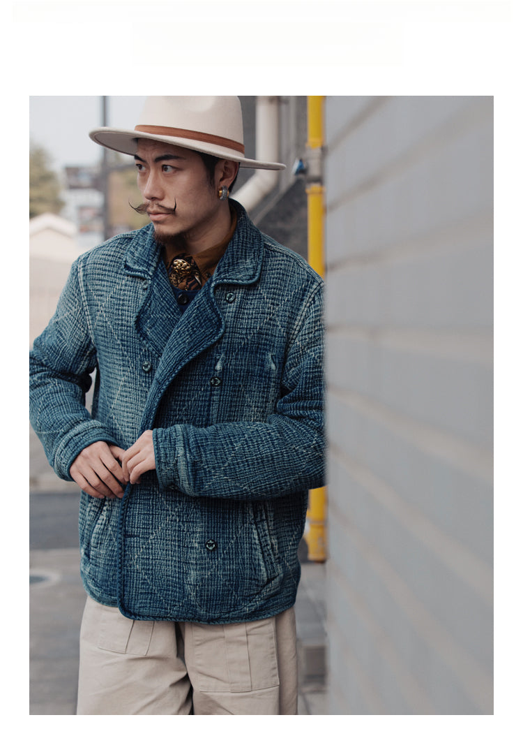 Retro Sashiko Washed Double-Breasted Jacket – Heavy Indigo Denim Workwear (Unisex)