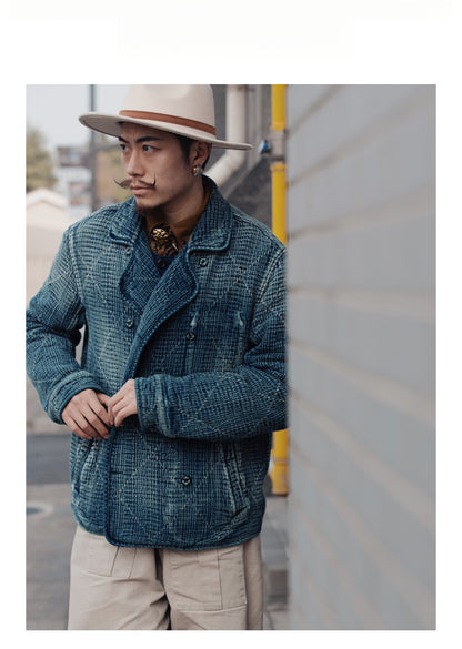 Retro Sashiko Washed Double-Breasted Jacket – Heavy Indigo Denim Workwear (Unisex)