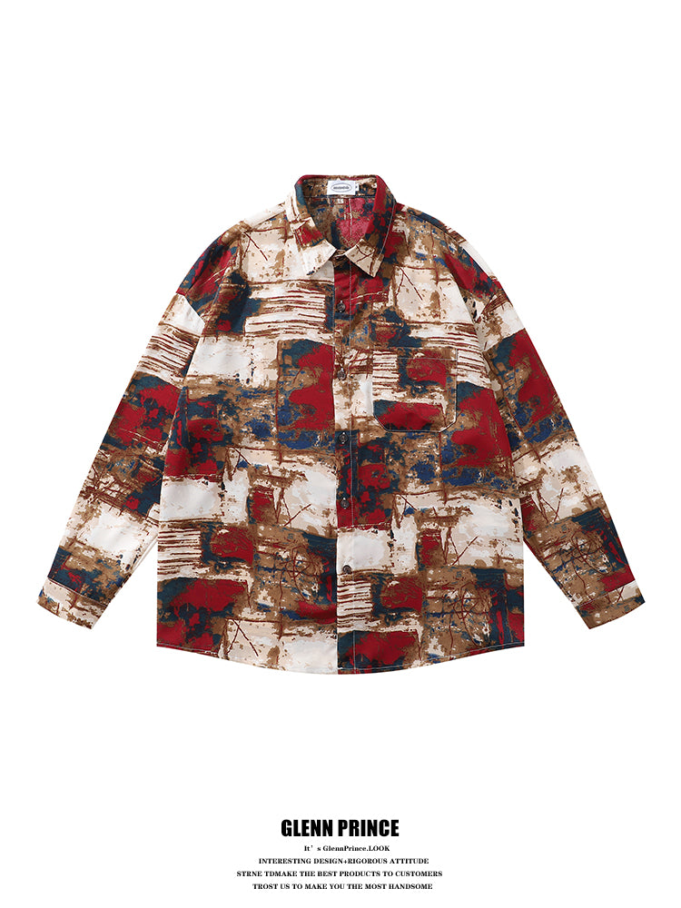 Trendy Street Irregular Oil Painting Full Print Long Sleeve Shirt for Men Autumn Niche Casual Shirt Jacket