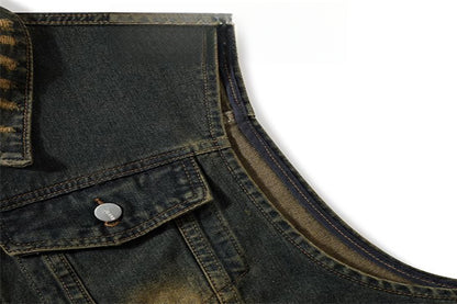 Vintage Distressed Turn-Down Collar Short Fringe Raw Edge Denim Vest Men's Functional Style Workwear Stylish Vintage Vest