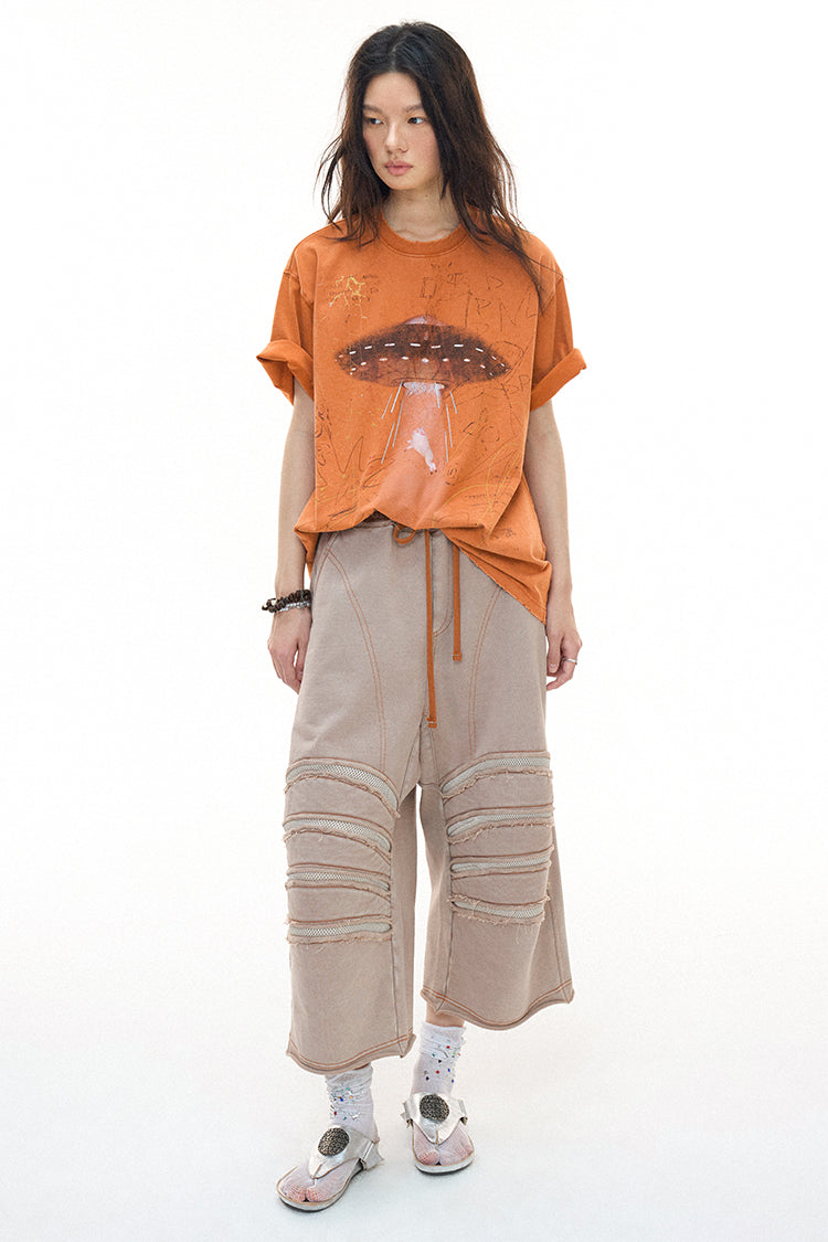 Alien Piggy 230g UFO Piggy Print Orange Short Sleeve T-Shirt