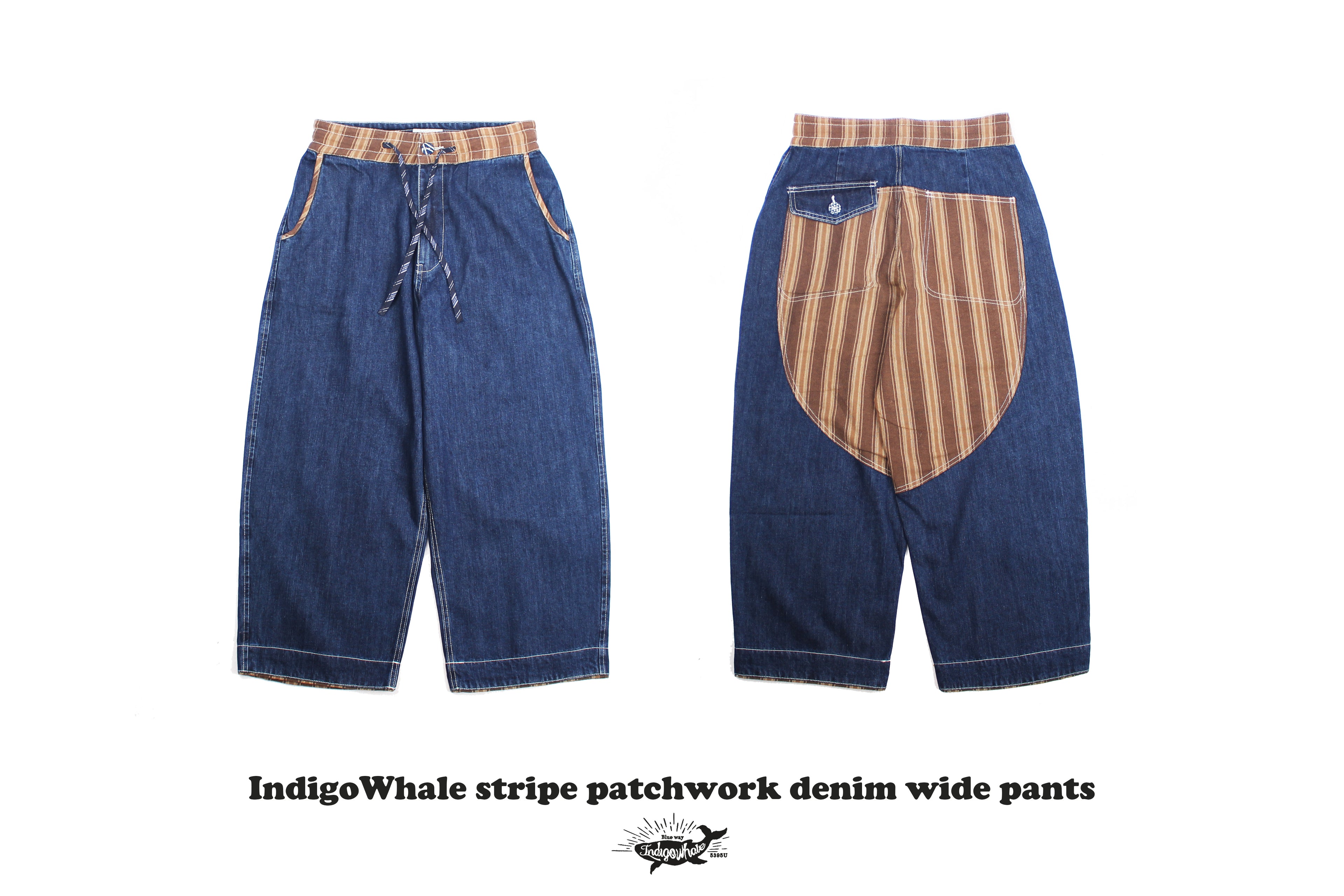 IndigoWhale Bamboo Denim Wide-Leg Patchwork Jeans – Heavy Wash, Drawstring Nine-Point Design