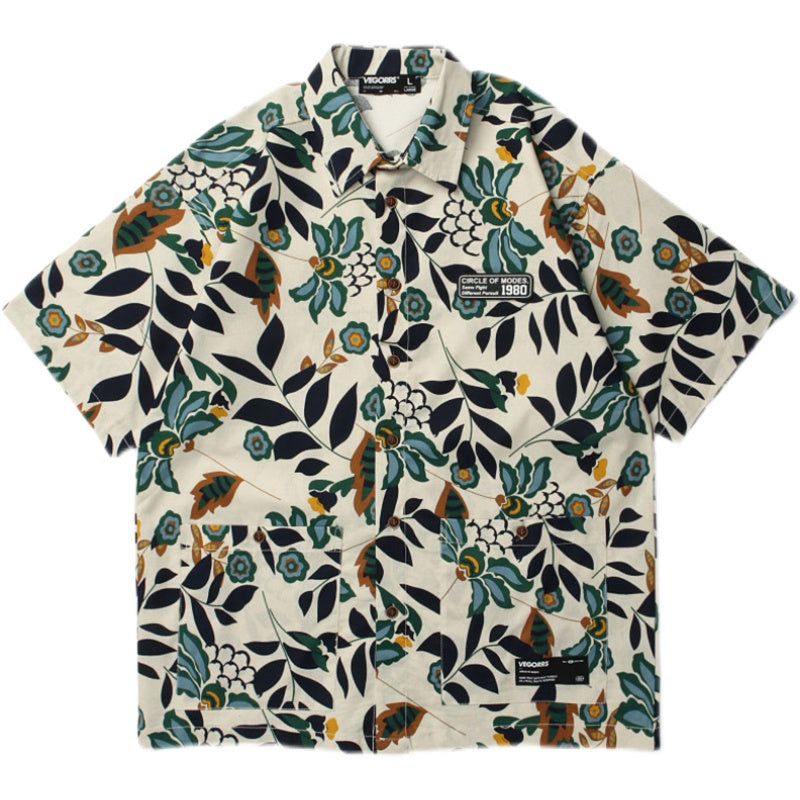 Summer Retro Trendy Floral Short Sleeve Shirt for Men Hawaiian Cotton Linen Beach Couple Outfit Floral Shirt Hong Kong Style